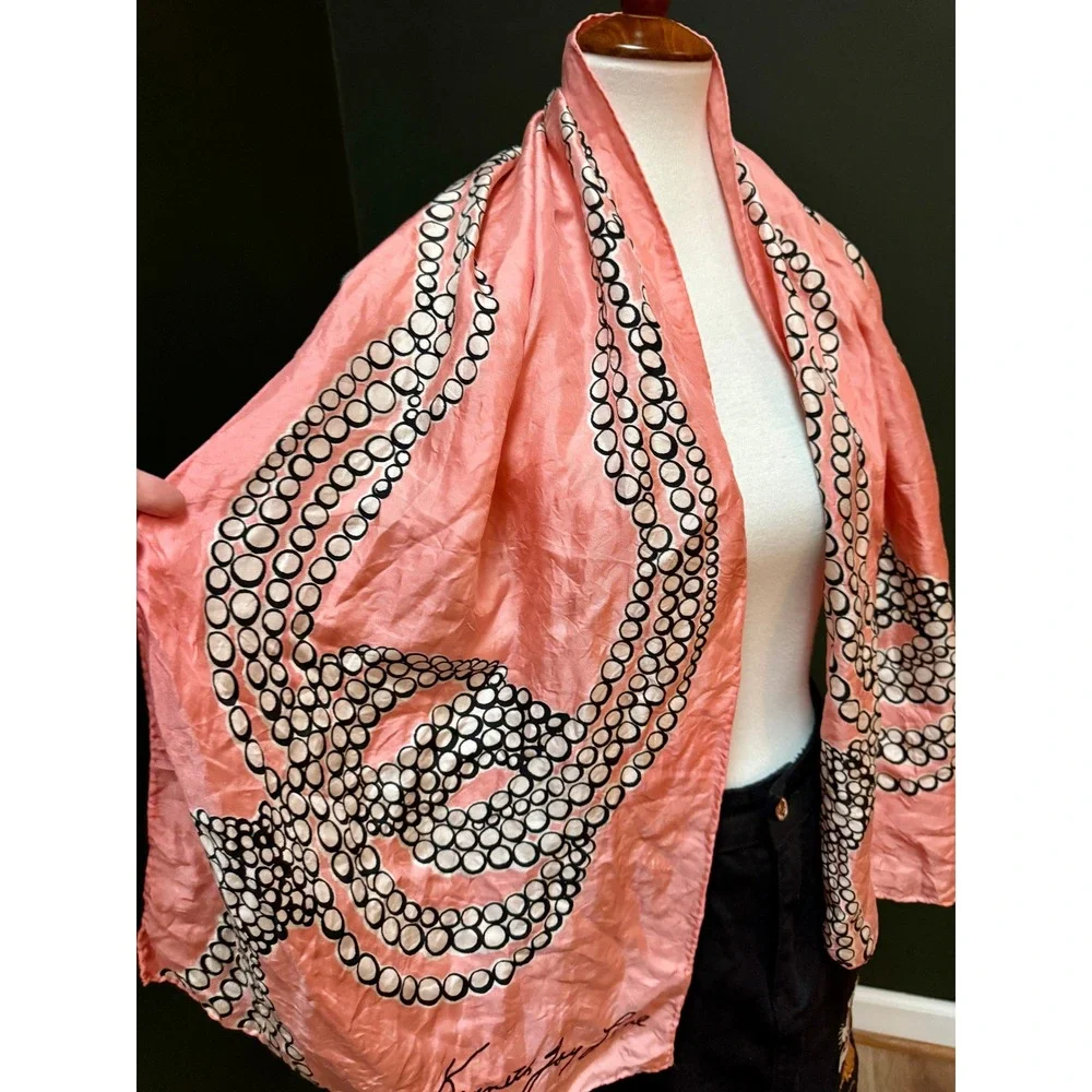 Vintage Kenneth Jay Lane Long Silk Scarf Pearl Necklace Design, Hand Rolled Edge